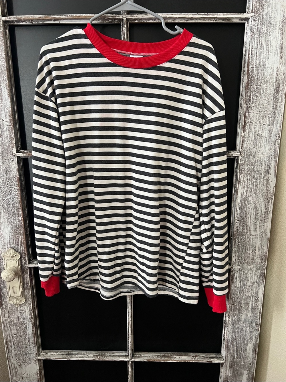 Grey & White Striped Long-Sleeve Top with Red Trim